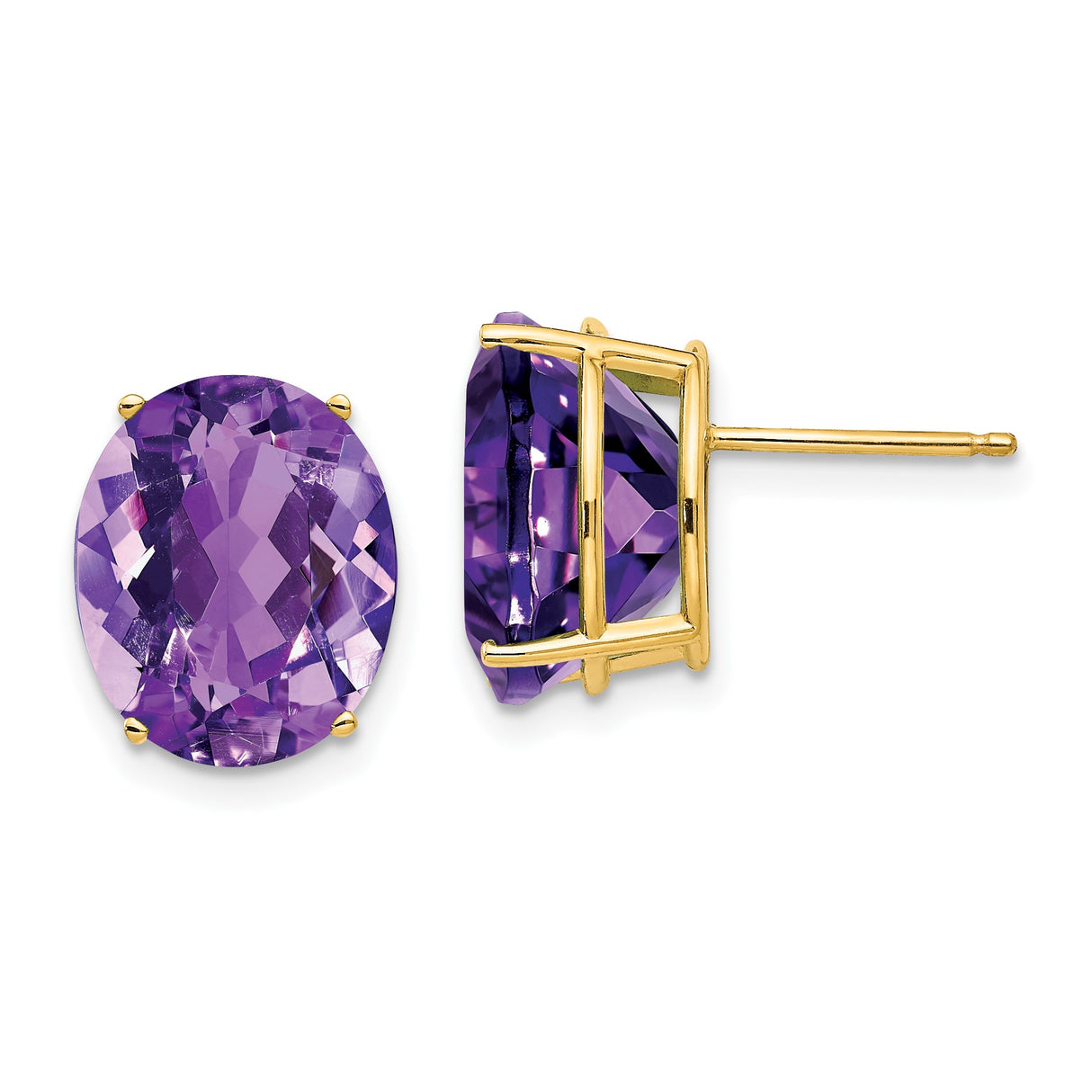 14k Yellow Gold Amethyst Stud Earrings, Oval Faceted February Birthstone Jewelry for Women