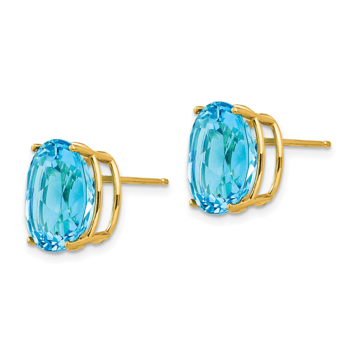 14k Yellow Gold Blue Topaz Stud Earrings, Oval Faceted Gemstone in Four Prong Setting