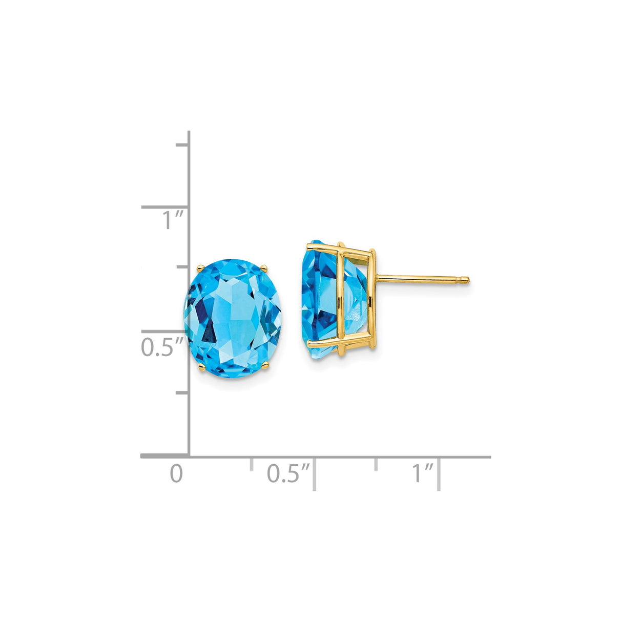 14k Yellow Gold Blue Topaz Stud Earrings, Oval Faceted Gemstone in Four Prong Setting