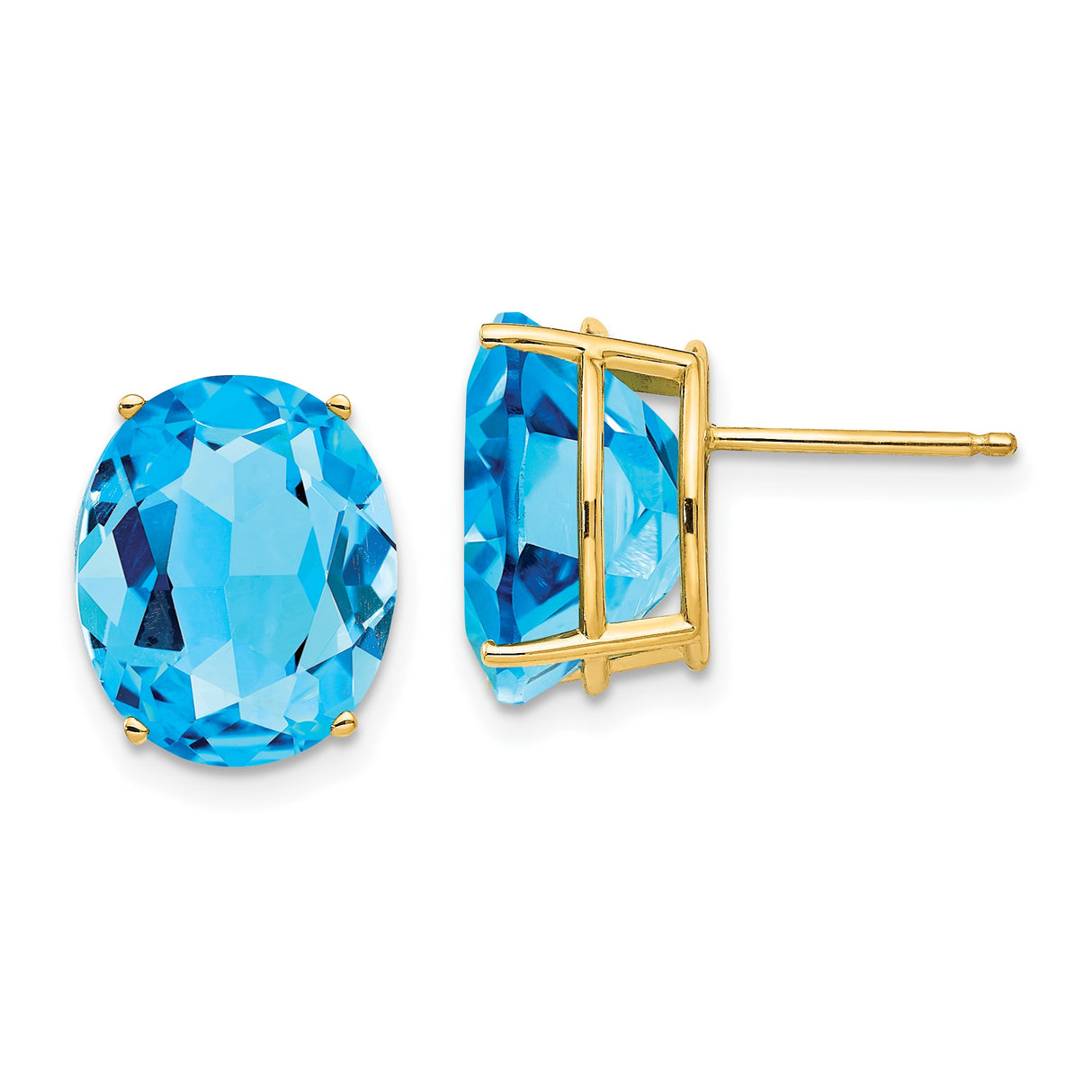 14k Yellow Gold Blue Topaz Stud Earrings, Oval Faceted Gemstone in Four Prong Setting