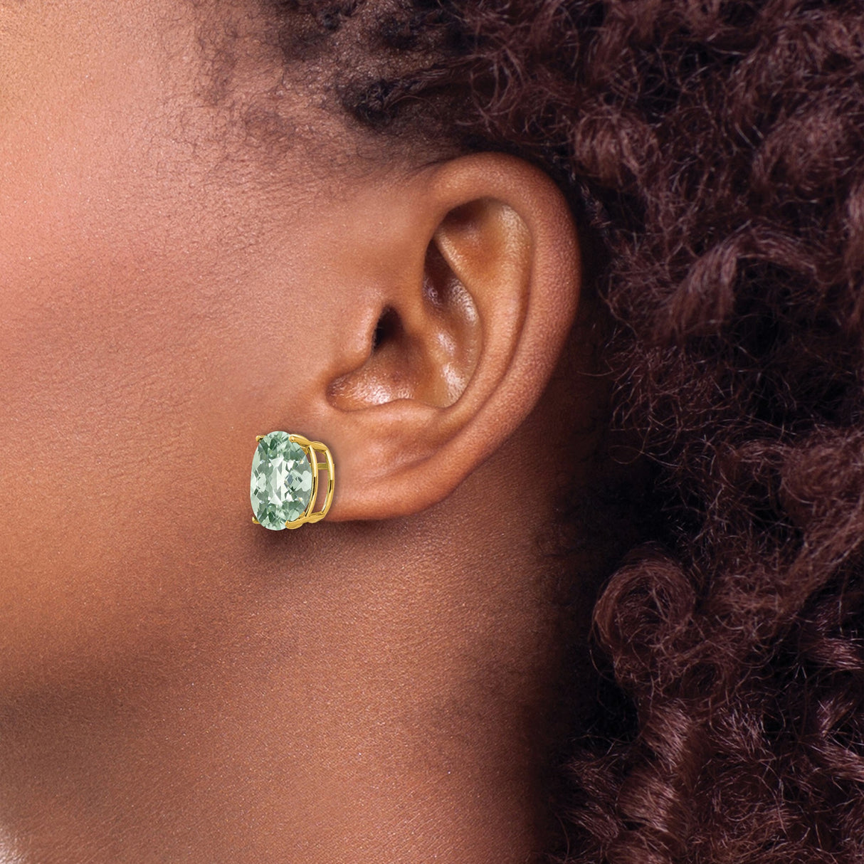 14k Yellow Gold Stud Earrings with Green Quartz, Minimalist Prong Setting for Women