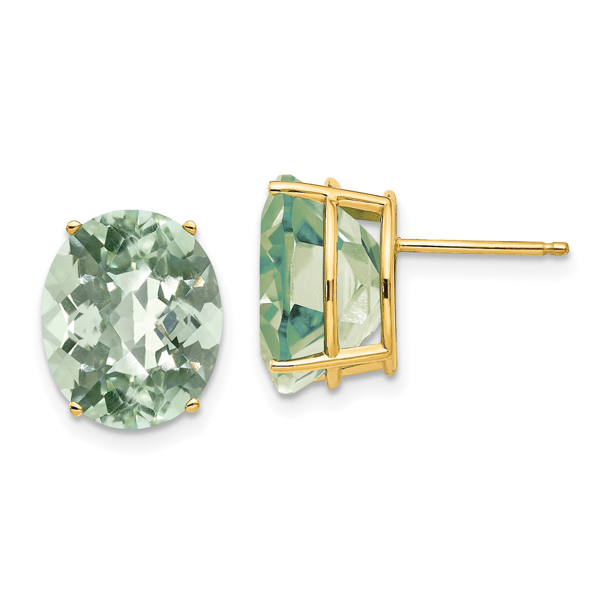 14k Yellow Gold Stud Earrings with Green Quartz, Minimalist Prong Setting for Women