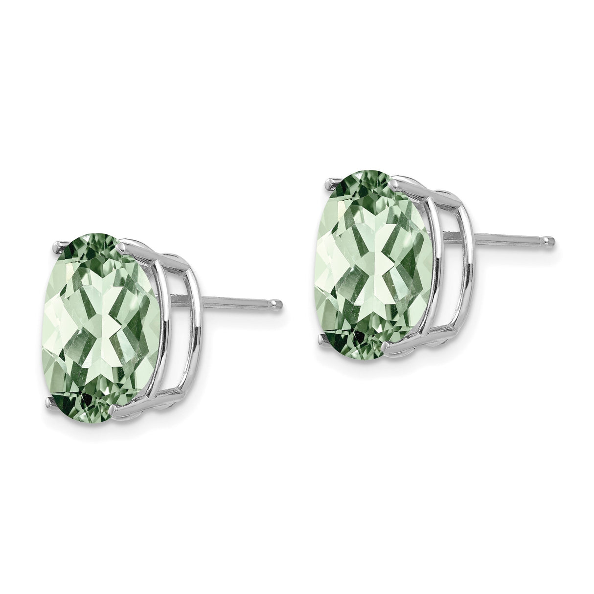 14k White Gold Stud Earrings with Oval Green Quartz Prasiolite Gemstones, Minimalist Style