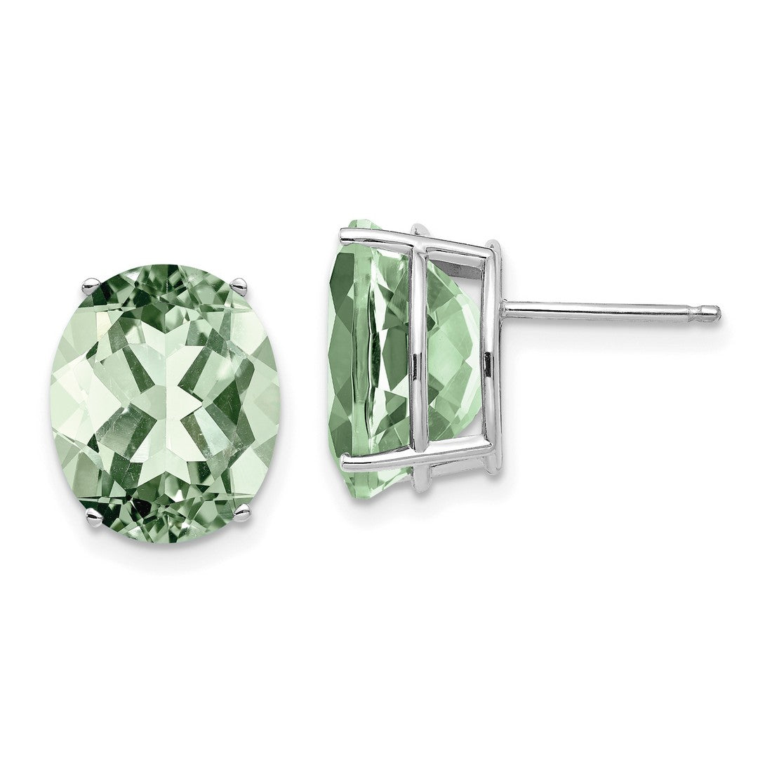 14k White Gold Stud Earrings with Oval Green Quartz Prasiolite Gemstones, Minimalist Style