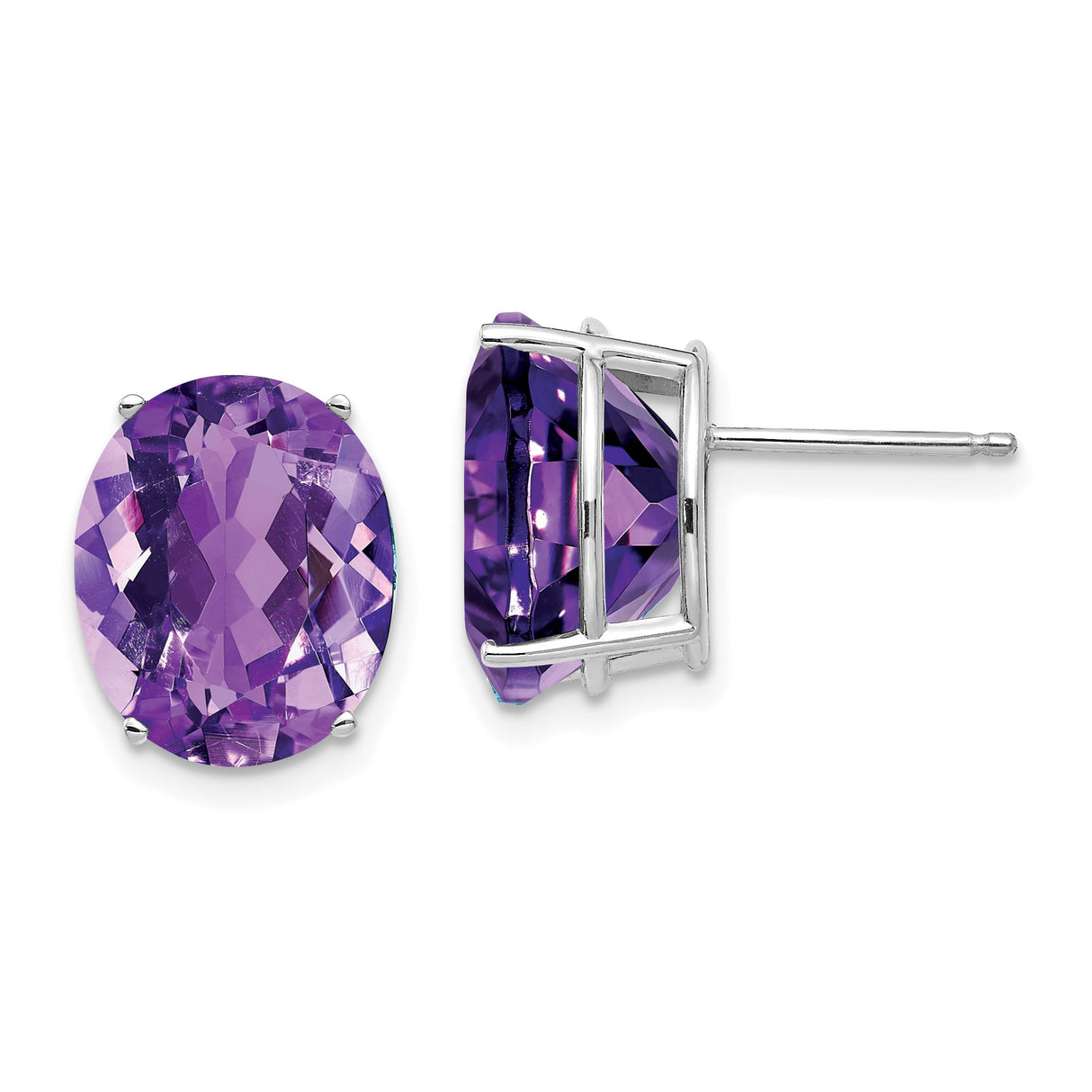14k White Gold Amethyst Stud Earrings with Large Oval Cut Gemstones in Prong Setting