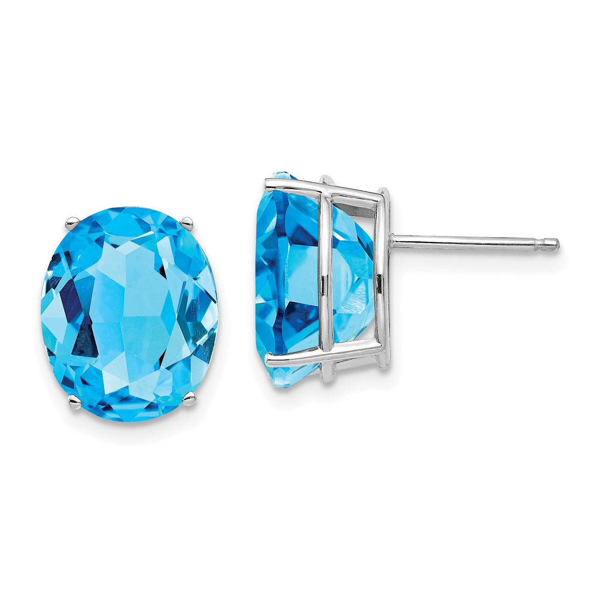 14k White Gold Oval Blue Topaz Stud Earrings, Minimalist Gemstone Style for Women