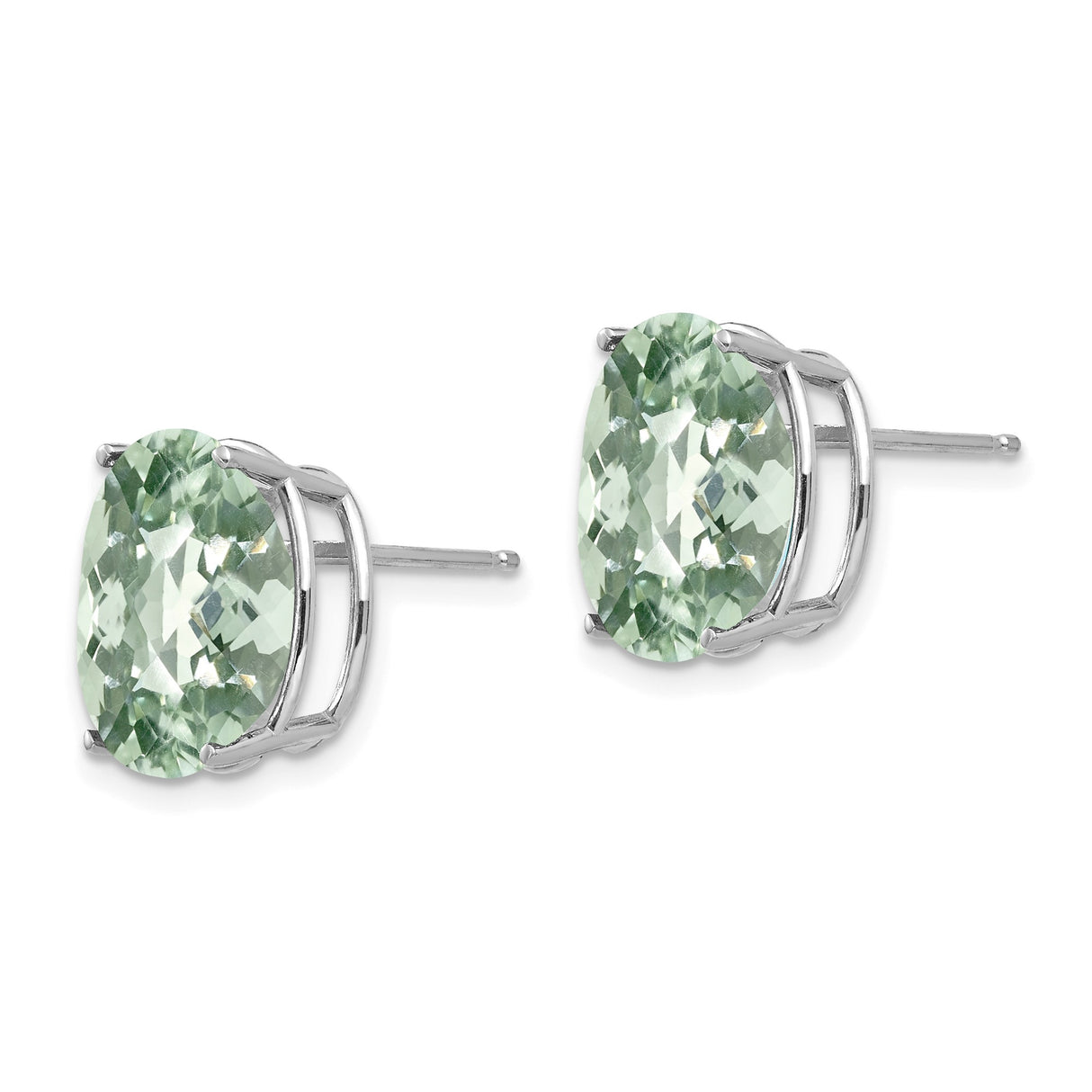 14k White Gold Oval Stud Earrings with Faceted Light Green Quartz, Minimalist Timeless Design