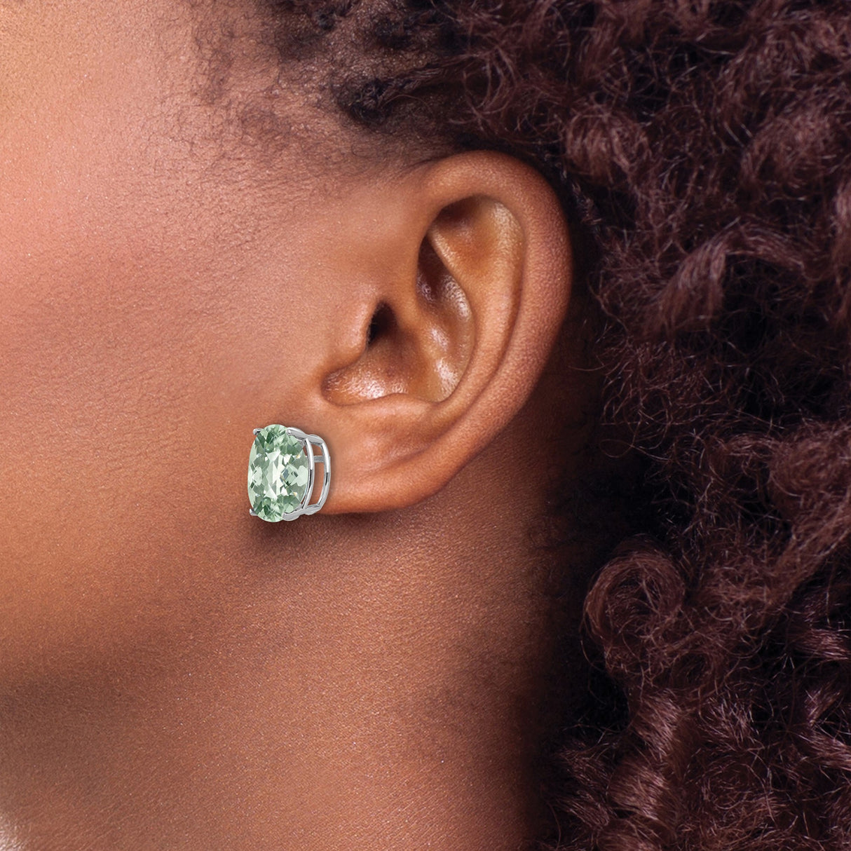 14k White Gold Oval Stud Earrings with Faceted Light Green Quartz, Minimalist Timeless Design