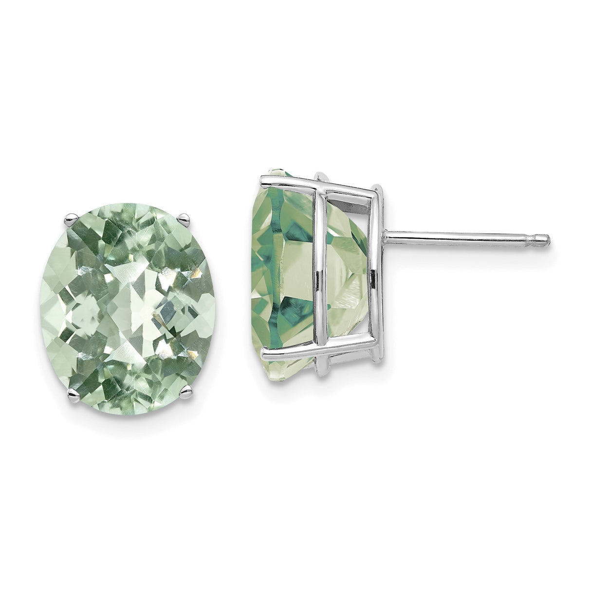 14k White Gold Oval Stud Earrings with Faceted Light Green Quartz, Minimalist Timeless Design