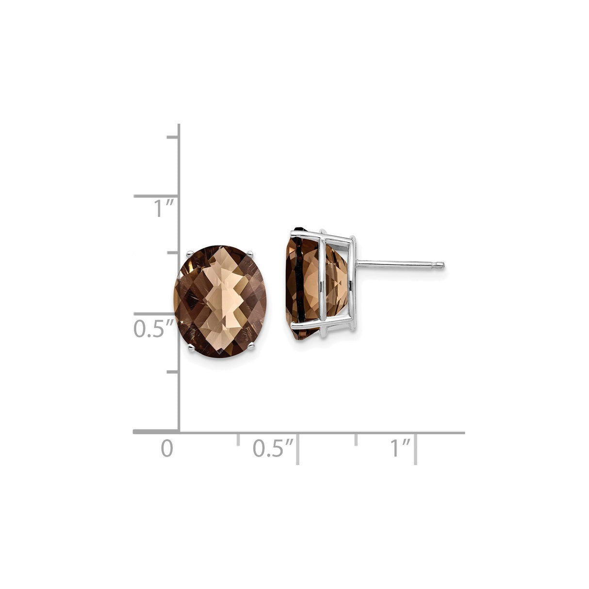 14k White Gold Smoky Quartz Stud Earrings, Oval Checker Cut Brown Gemstone Jewelry