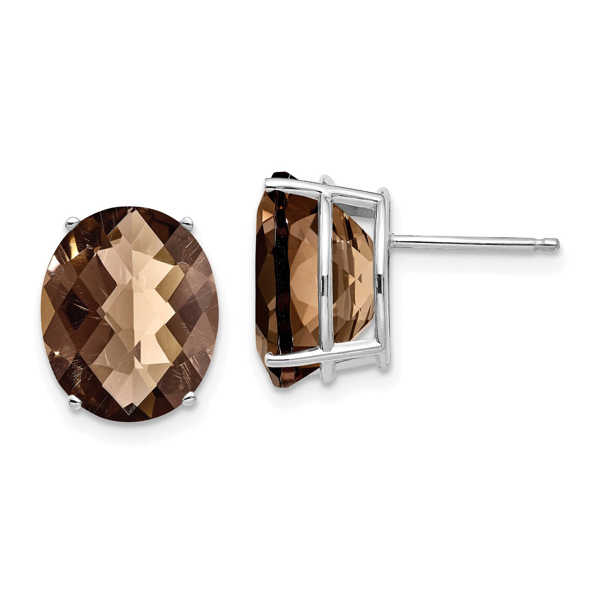 14k White Gold Smoky Quartz Stud Earrings, Oval Checker Cut Brown Gemstone Jewelry