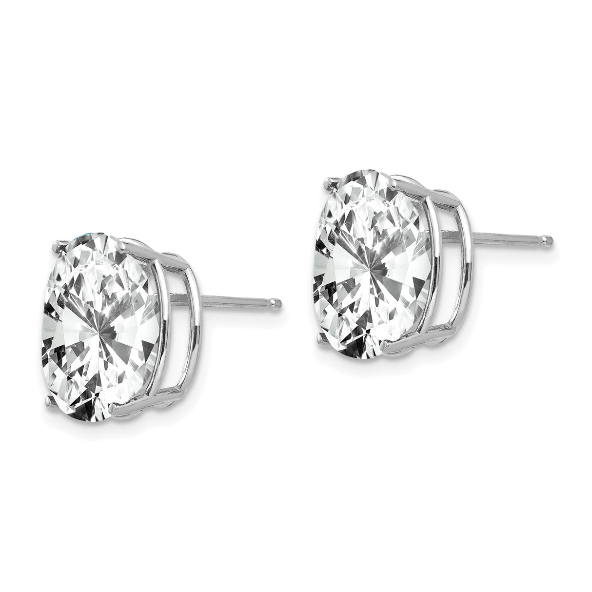 14k White Gold Oval Stud Earrings with Cubic Zirconia, Four-Prong Setting, Polished Finish