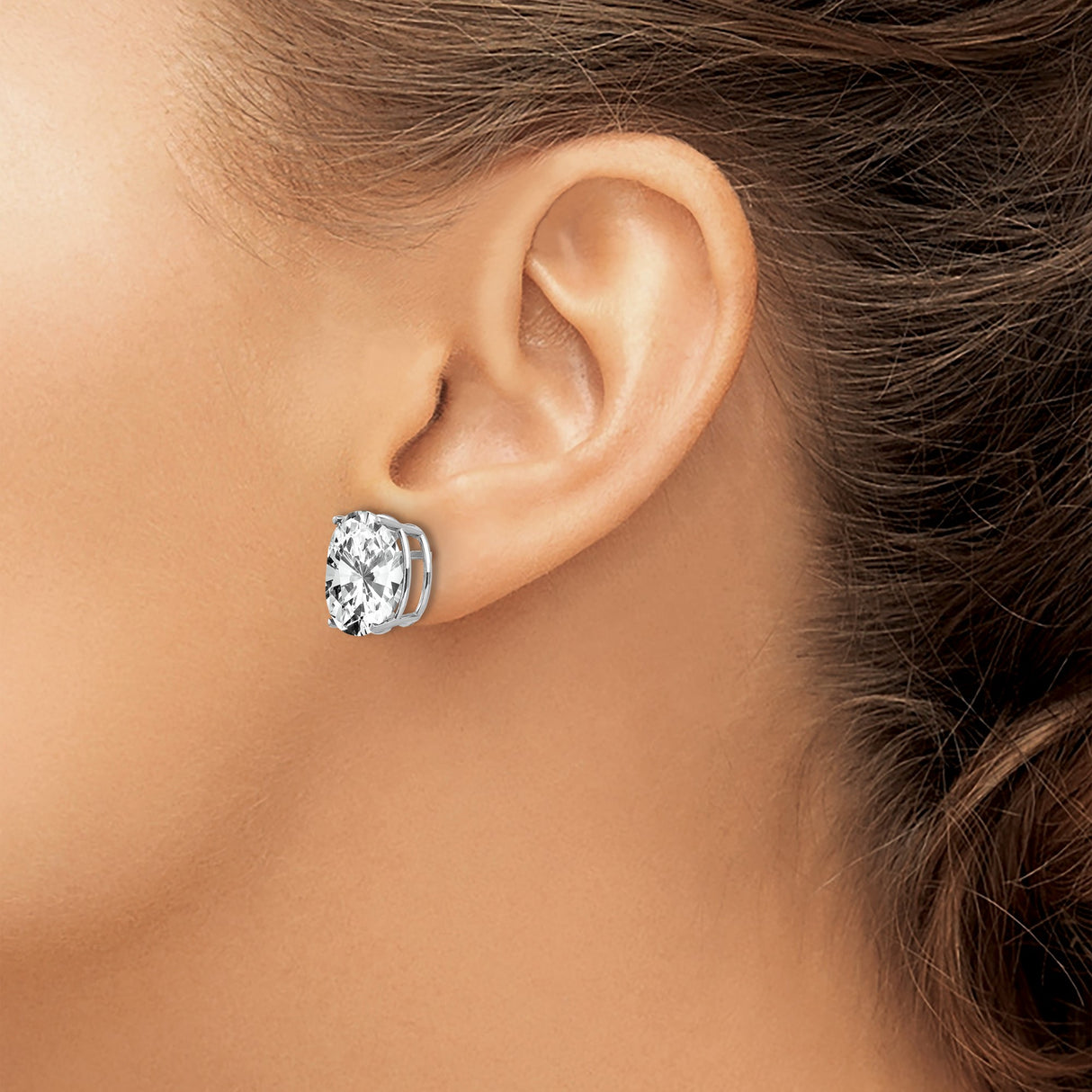 14k White Gold Oval Stud Earrings with Cubic Zirconia, Four-Prong Setting, Polished Finish