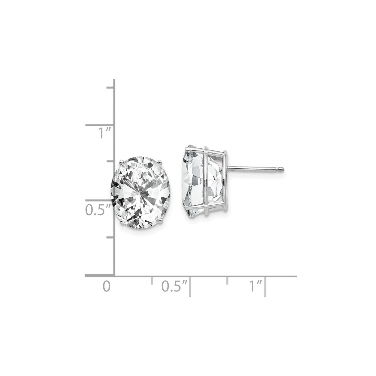 14k White Gold Oval Stud Earrings with Cubic Zirconia, Four-Prong Setting, Polished Finish