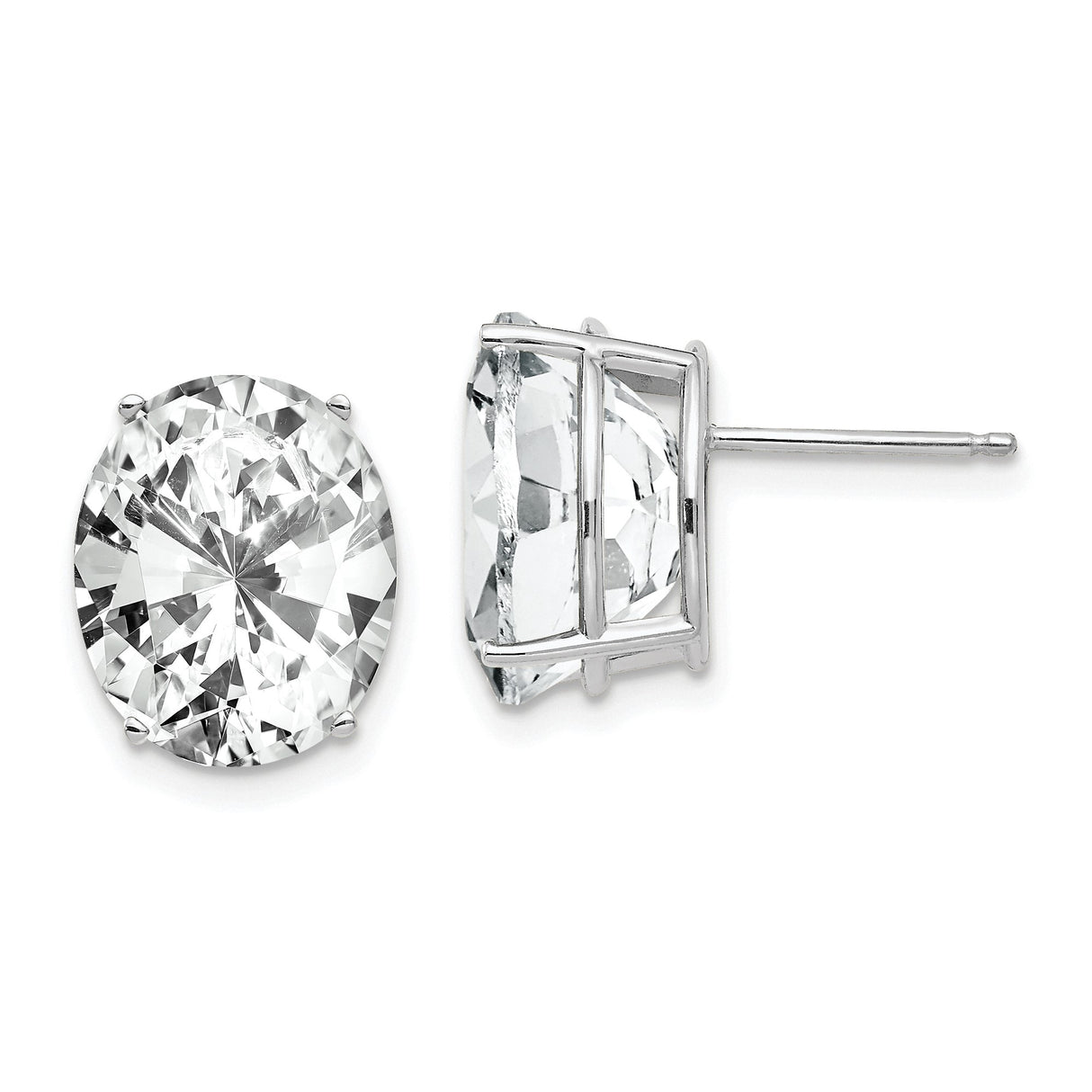 14k White Gold Oval Stud Earrings with Cubic Zirconia, Four-Prong Setting, Polished Finish