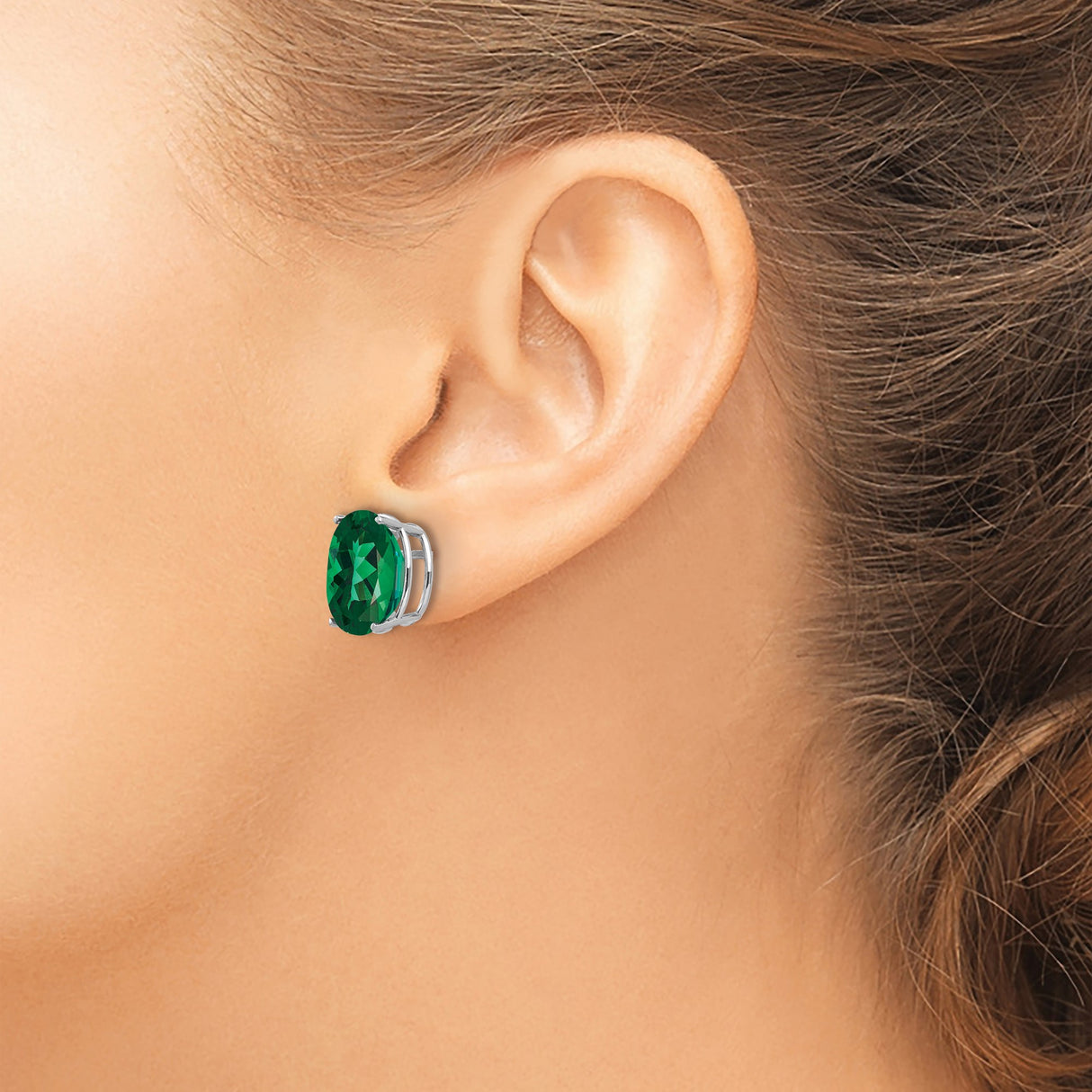 14k White Gold Stud Earrings with Oval Green Helenite, Classic Polished Four Prong Setting
