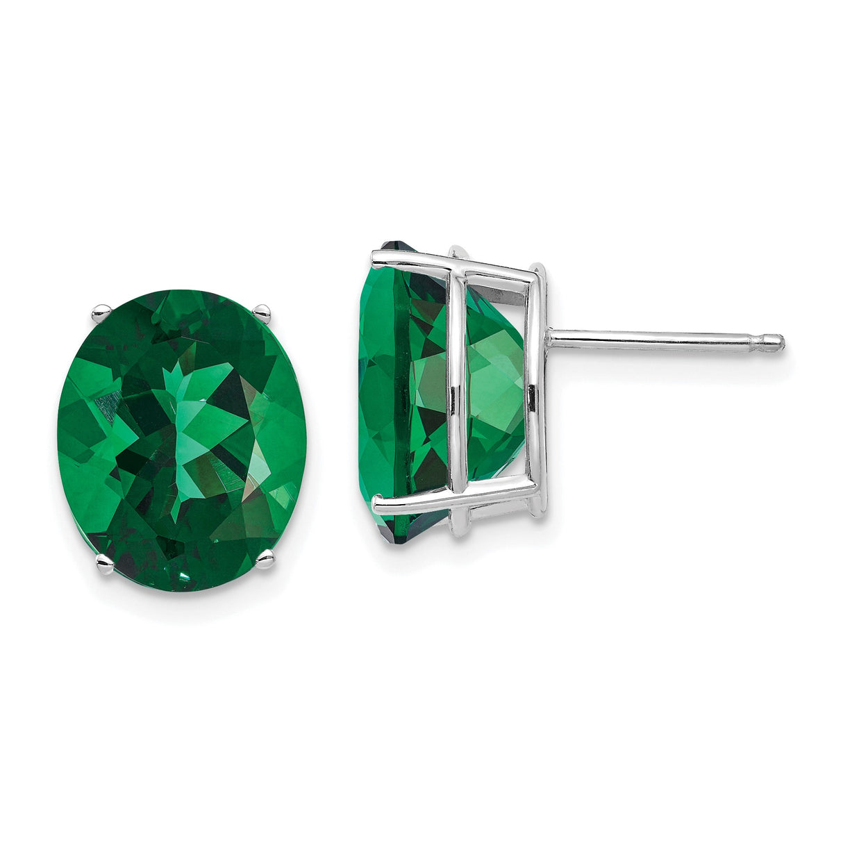 14k White Gold Stud Earrings with Oval Green Helenite, Classic Polished Four Prong Setting