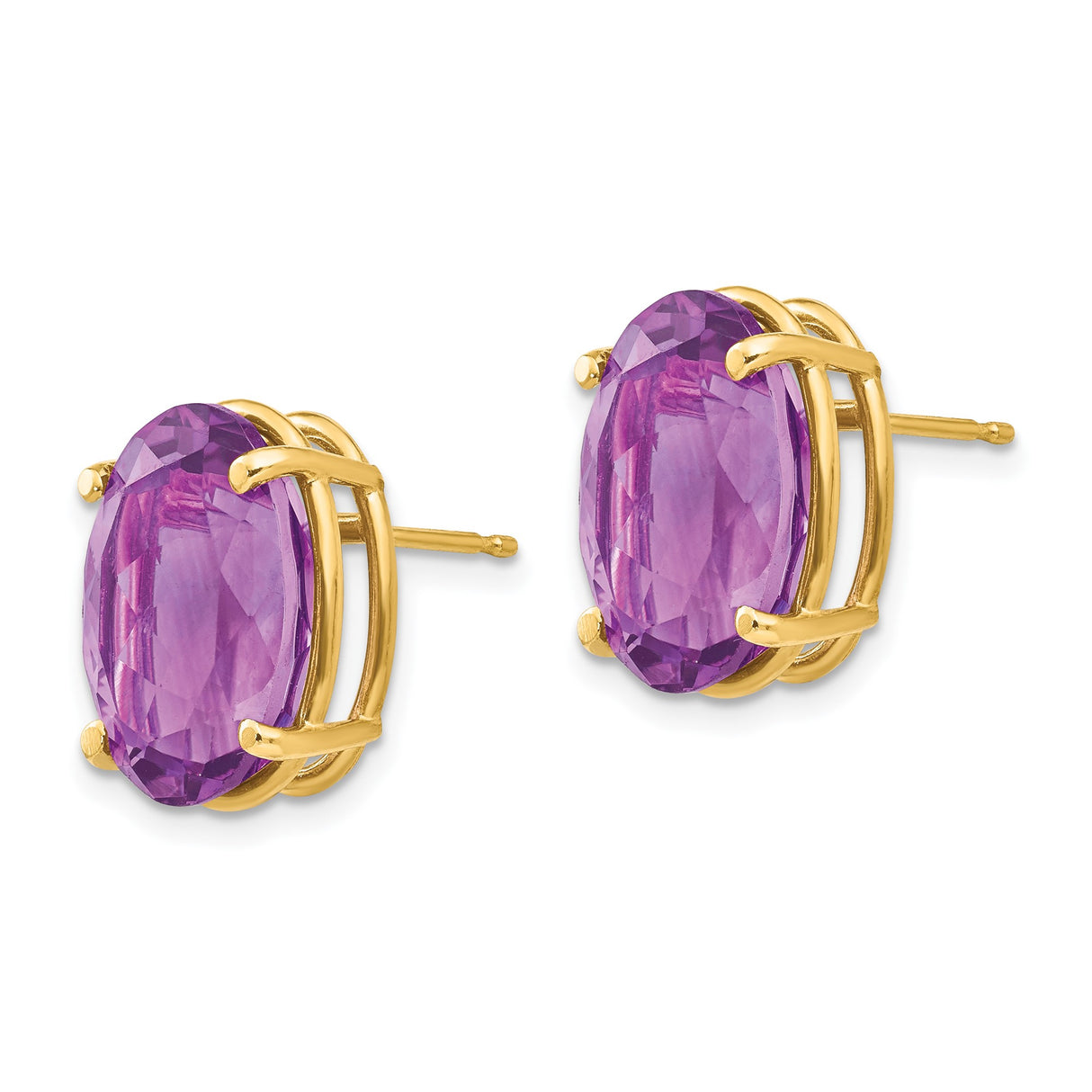 14k Yellow Gold Amethyst Stud Earrings, Oval Faceted Gemstones in Four Prong Setting