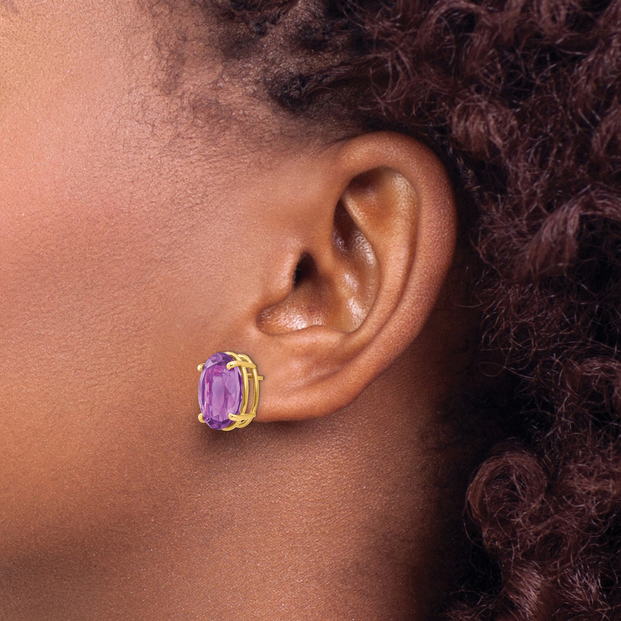 14k Yellow Gold Amethyst Stud Earrings, Oval Faceted Gemstones in Four Prong Setting