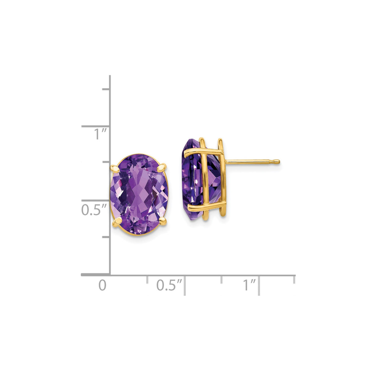 14k Yellow Gold Amethyst Stud Earrings, Oval Faceted Gemstones in Four Prong Setting