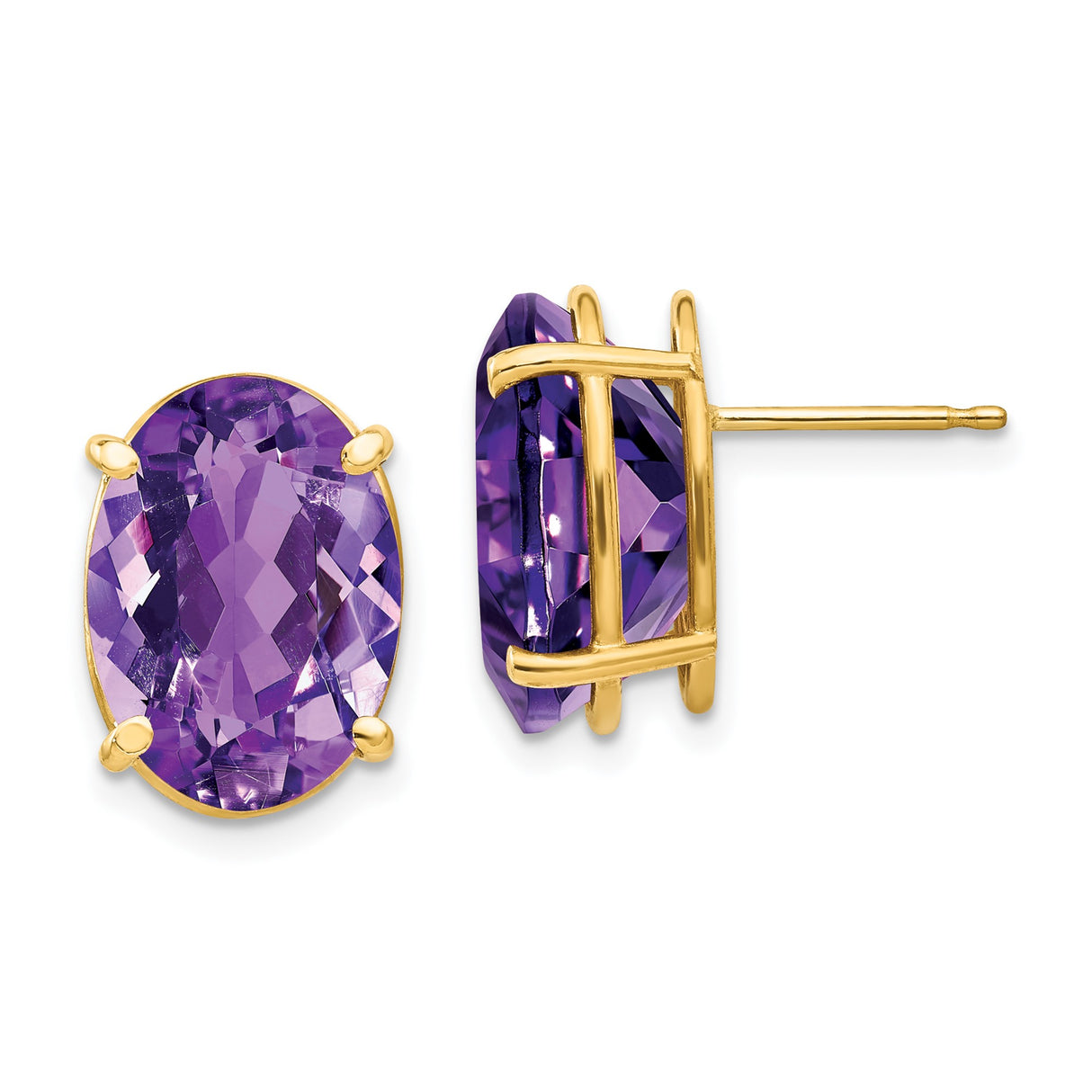 14k Yellow Gold Amethyst Stud Earrings, Oval Faceted Gemstones in Four Prong Setting