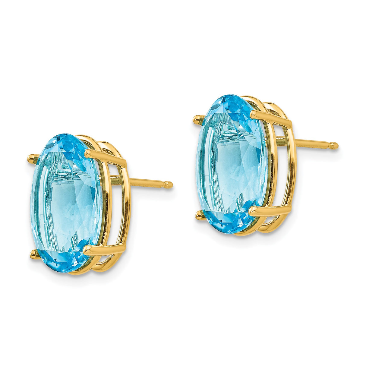 14k Yellow Gold Stud Earrings with Oval Swiss Blue Topaz, Minimalist Classic Style