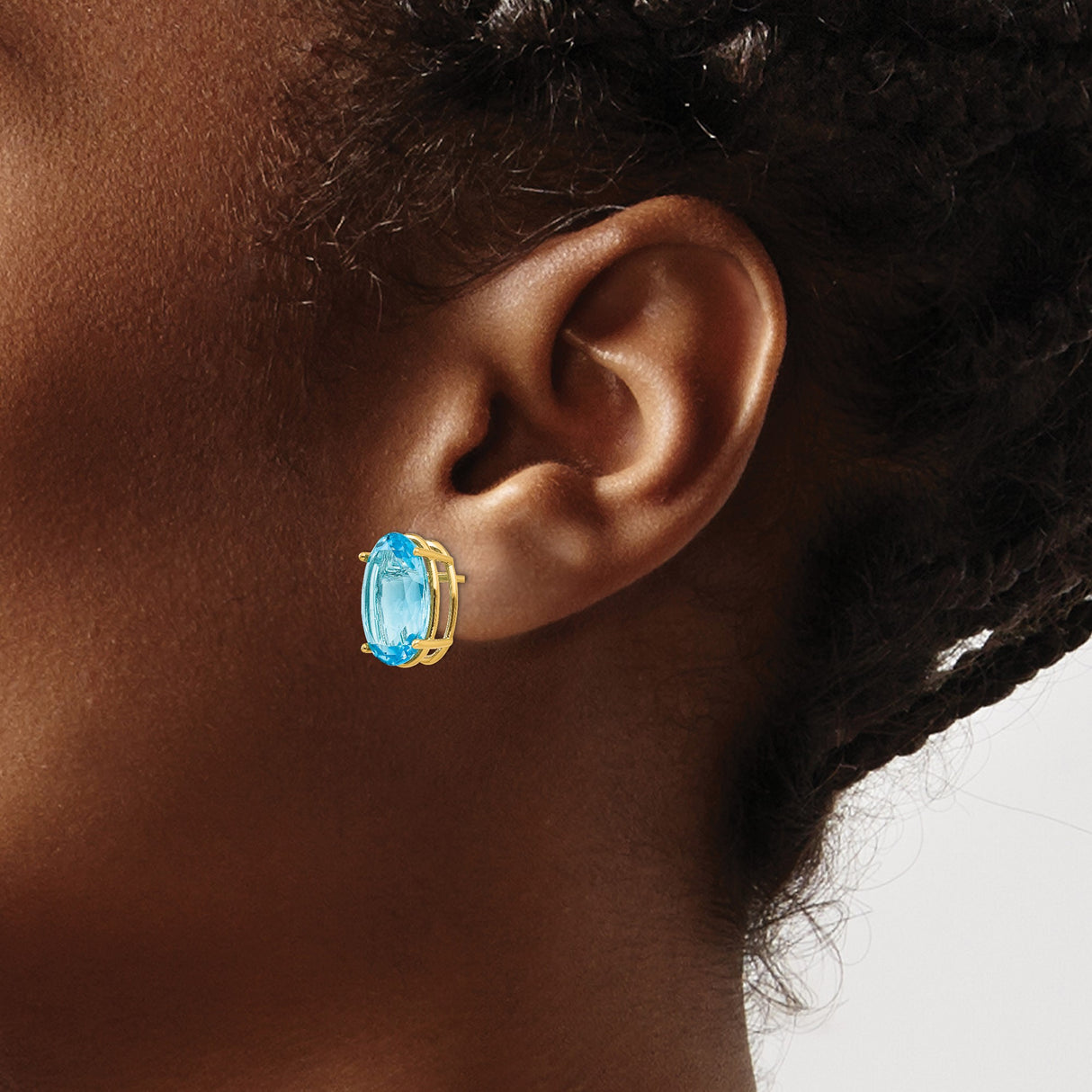 14k Yellow Gold Stud Earrings with Oval Swiss Blue Topaz, Minimalist Classic Style