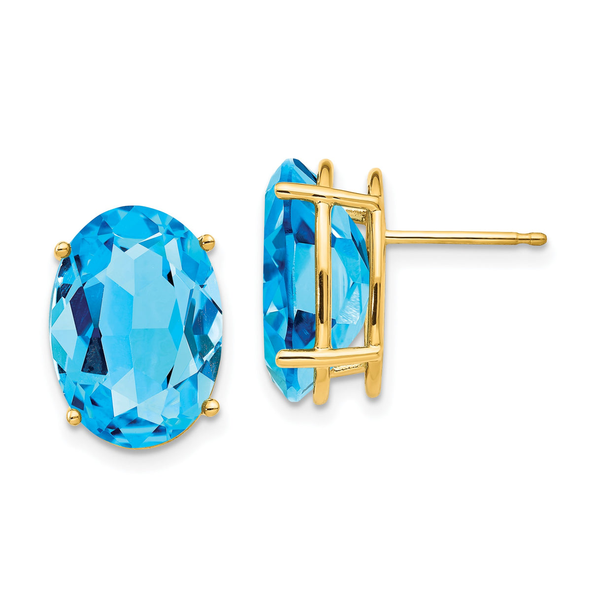 14k Yellow Gold Stud Earrings with Oval Swiss Blue Topaz, Minimalist Classic Style