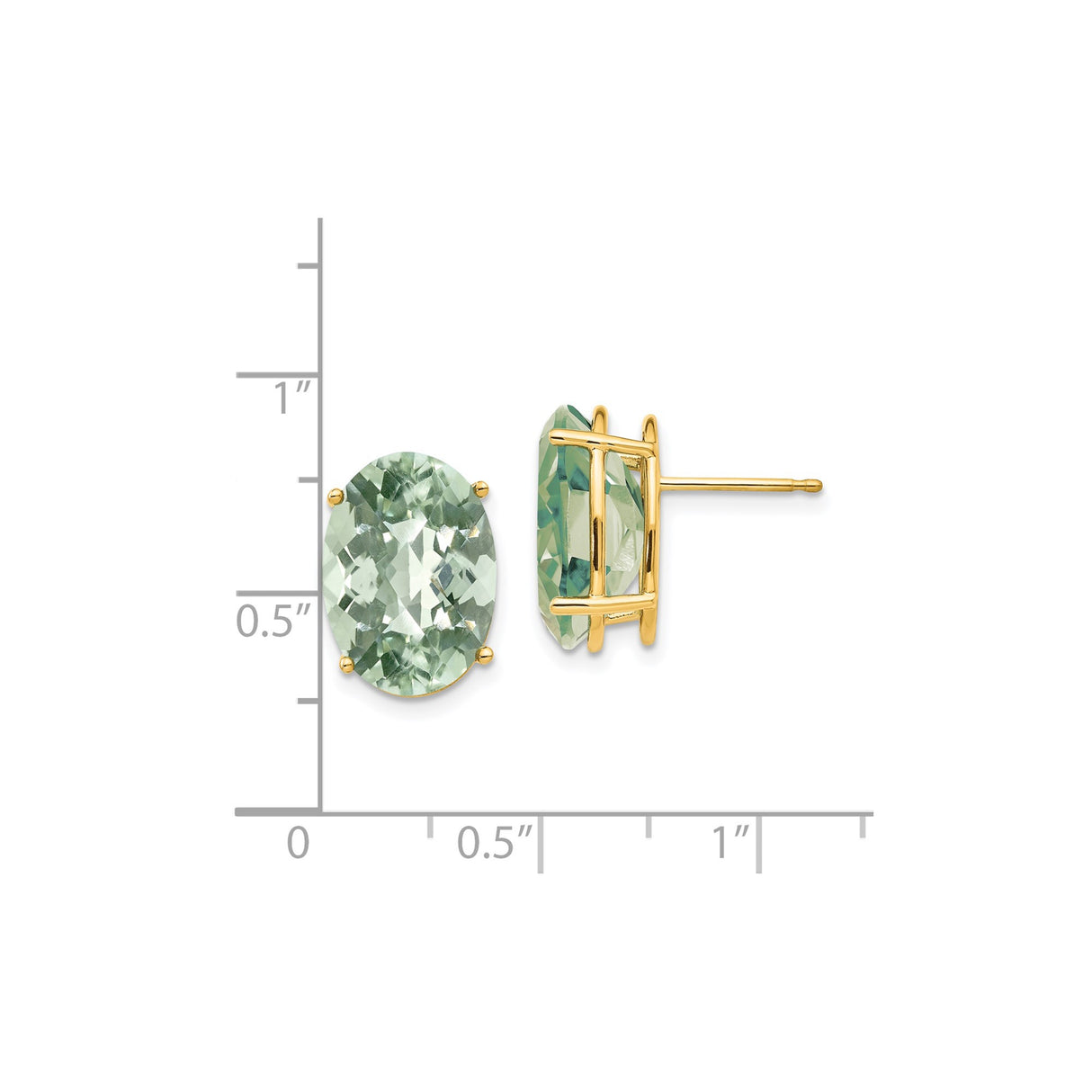 14k Yellow Gold Stud Earrings with Oval Green Amethyst in Four Prong Setting