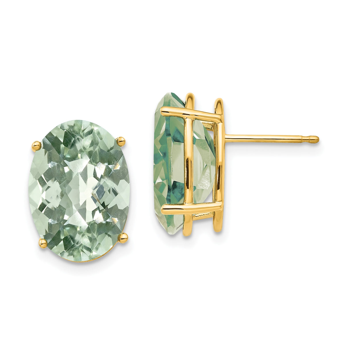 14k Yellow Gold Stud Earrings with Oval Green Amethyst in Four Prong Setting