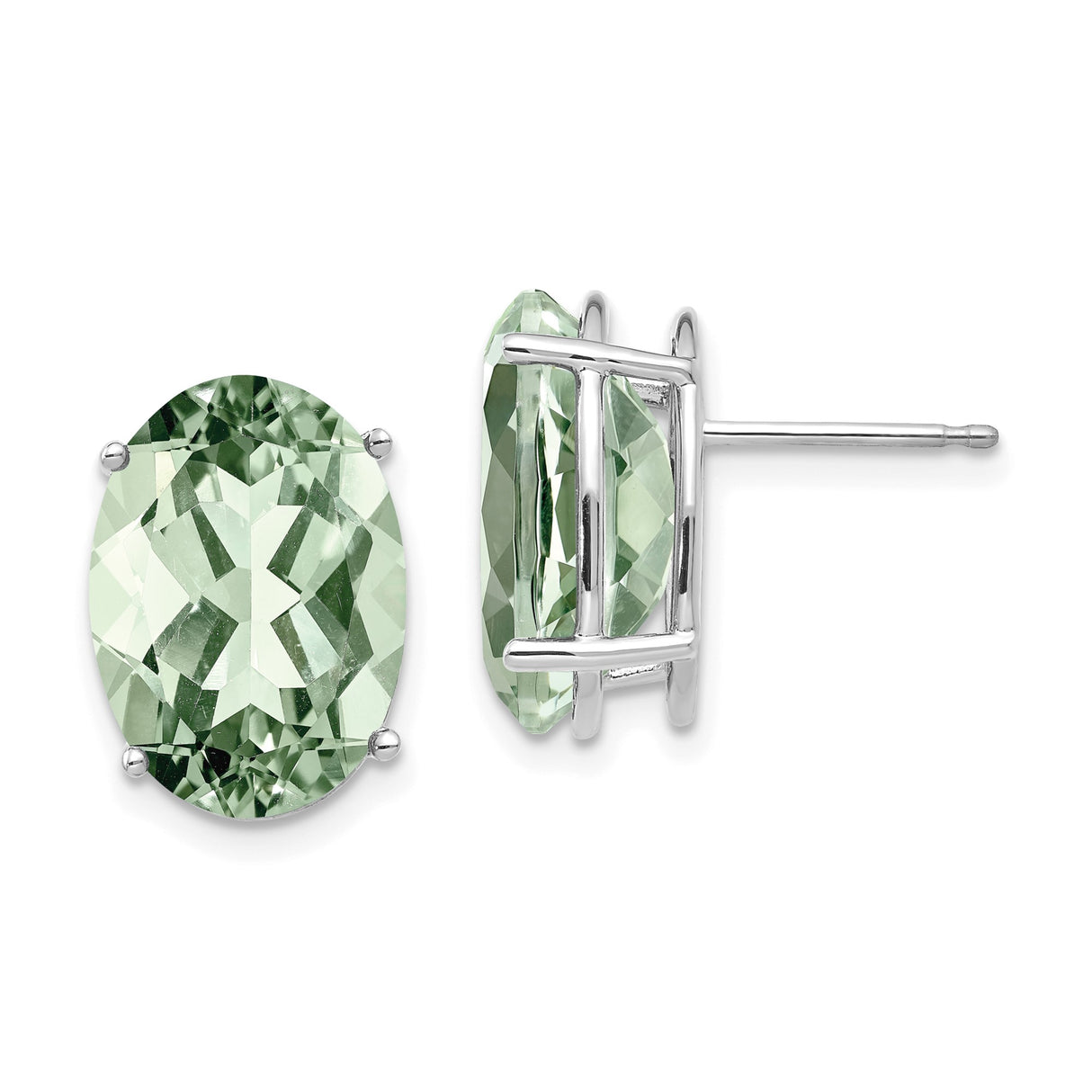 14k White Gold Oval Green Amethyst Stud Earrings, Classic Prong Setting