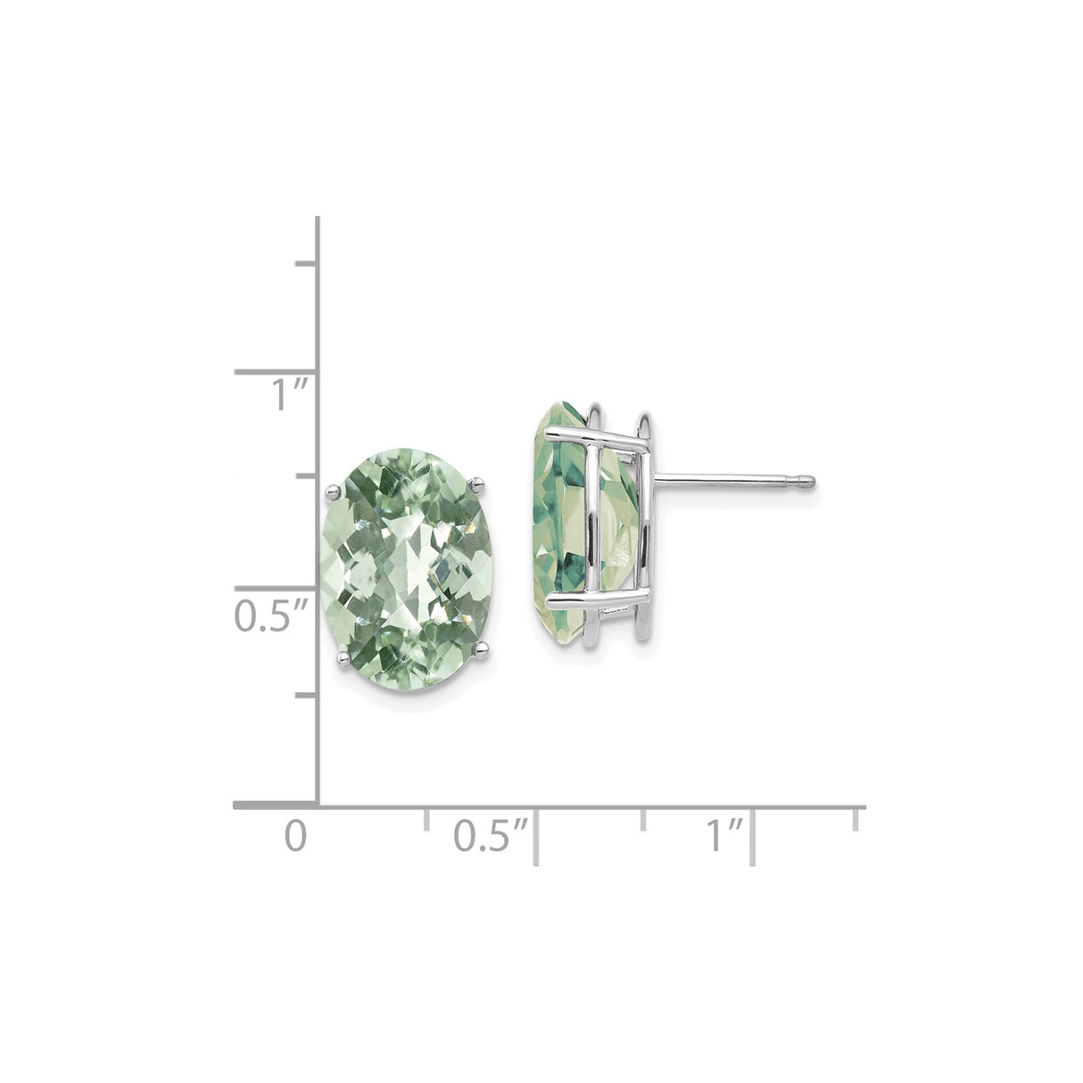 14k White Gold Oval Green Quartz Stud Earrings, Prong Set Minimalist Style for Women