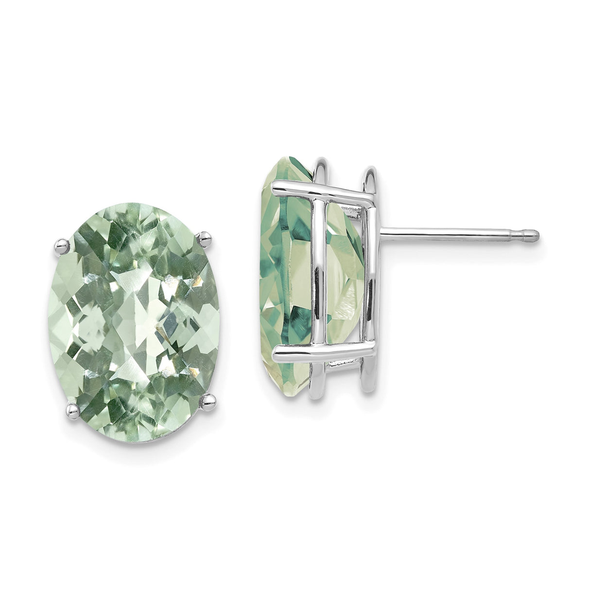 14k White Gold Oval Green Quartz Stud Earrings, Prong Set Minimalist Style for Women