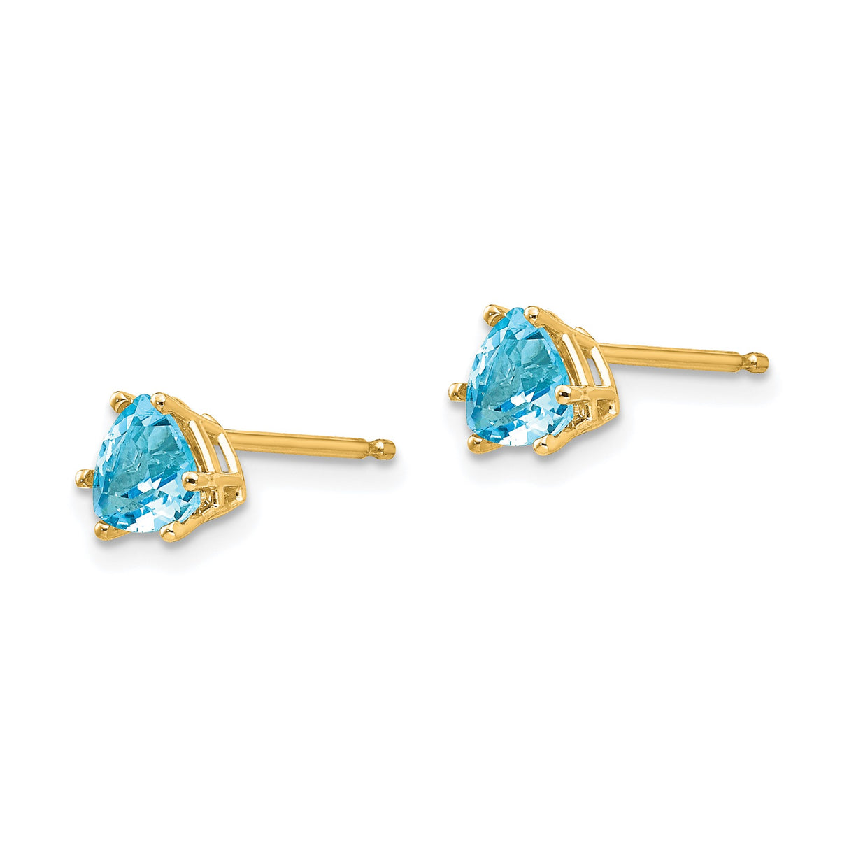 14k Yellow Gold Stud Earrings with Swiss Blue Topaz, Trillion Cut, Modern Minimalist Style