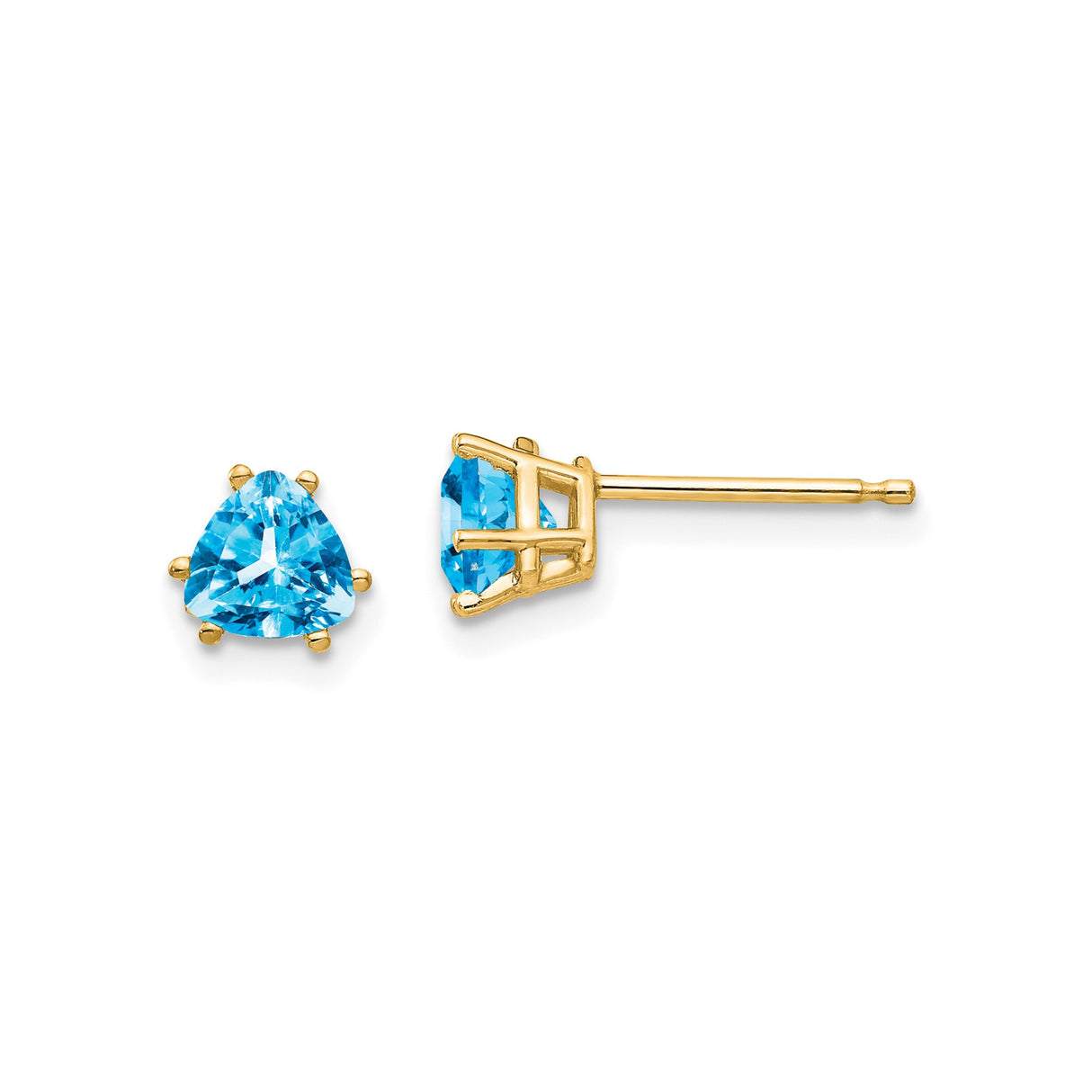 14k Yellow Gold Stud Earrings with Swiss Blue Topaz, Trillion Cut, Modern Minimalist Style