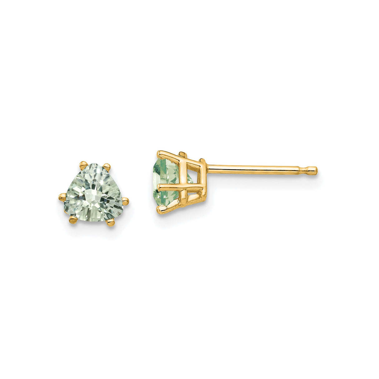 14k Yellow Gold Trillion Cut Green Quartz Stud Earrings, Minimalist Triangle Design