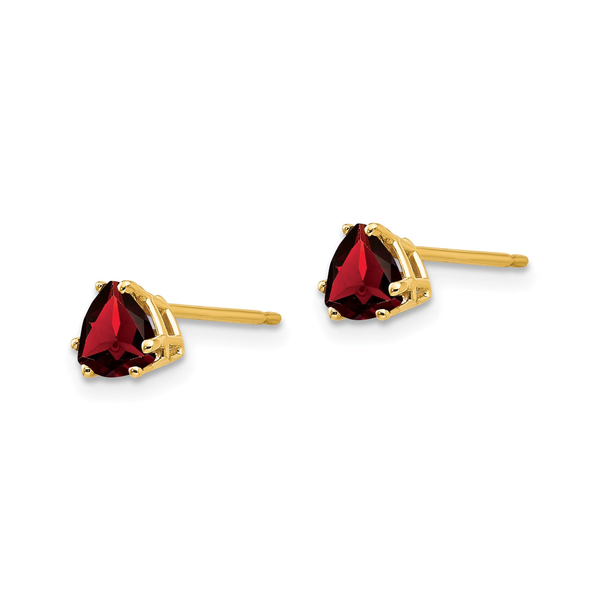 14k Yellow Gold Garnet Stud Earrings, Trillion Cut Gemstone, Three Prong Setting