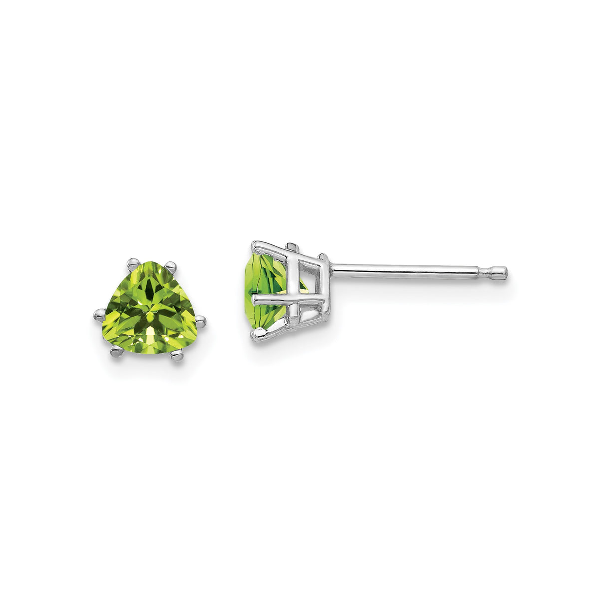 14k White Gold Peridot Stud Earrings, Trillion Cut Gemstone, Minimalist Style for Women