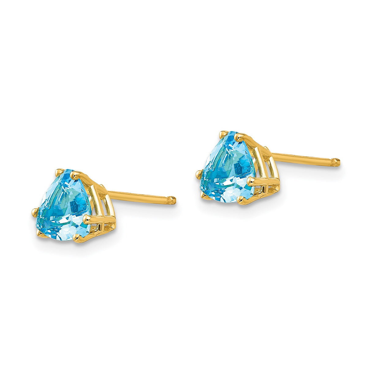 14k Yellow Gold Blue Topaz Trillion Cut Stud Earrings, Geometric Triangle Design for Women