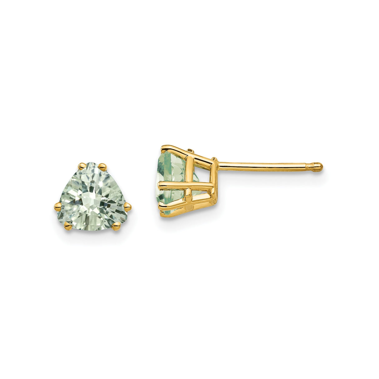 14k Yellow Gold Triangle Stud Earrings with Green Quartz Trillion Cut Gemstones