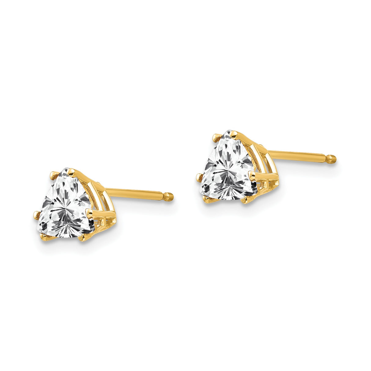 14k Yellow Gold Stud Earrings with Trilliant Cut Cubic Zirconia, Six Prong Minimalist Design
