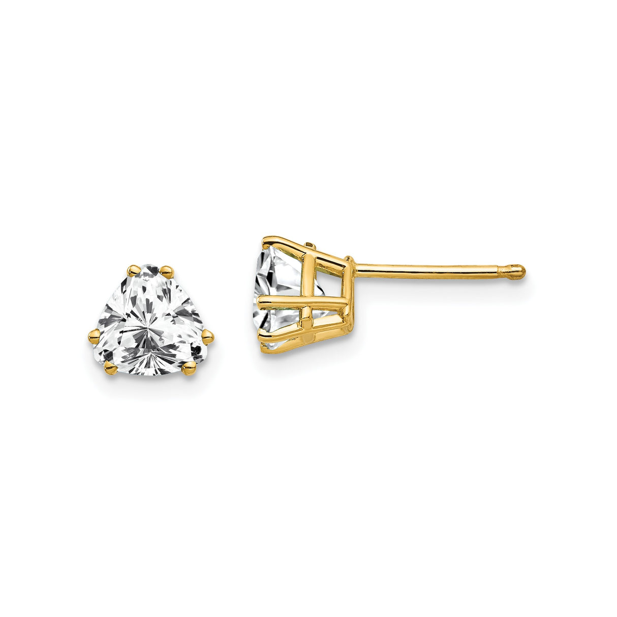 14k Yellow Gold Stud Earrings with Trilliant Cut Cubic Zirconia, Six Prong Minimalist Design