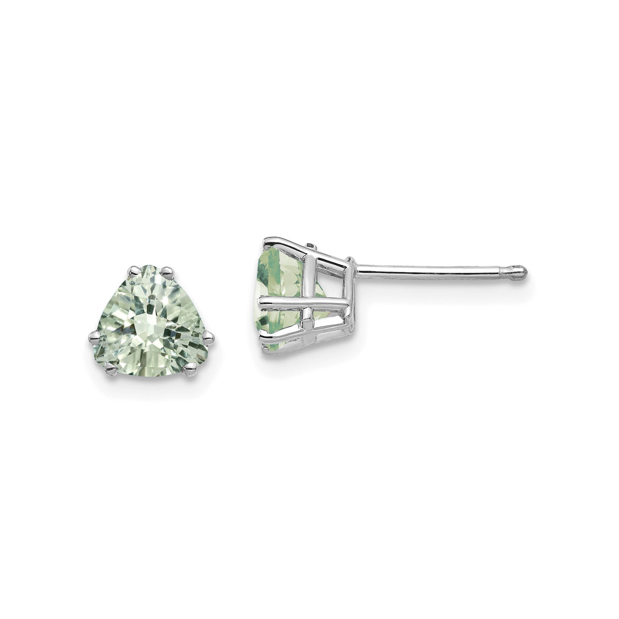 14k White Gold Trillion Cut Green Quartz Stud Earrings, Minimalist Gemstone Design