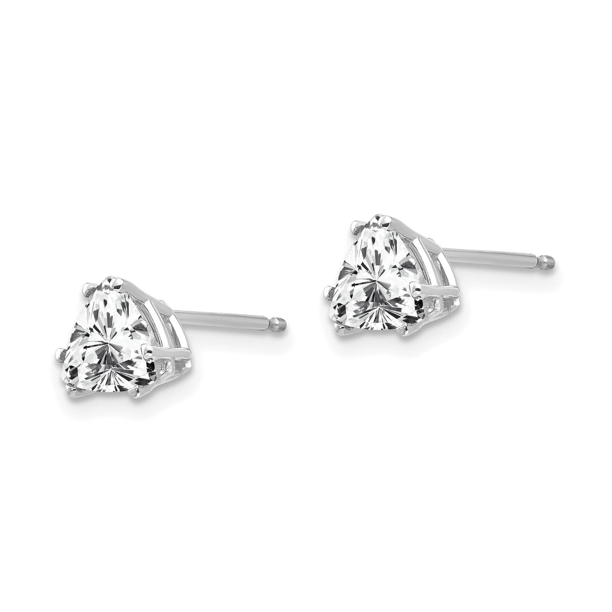 14k White Gold Stud Earrings with Trillion Cut Cubic Zirconia in Three Prong Setting