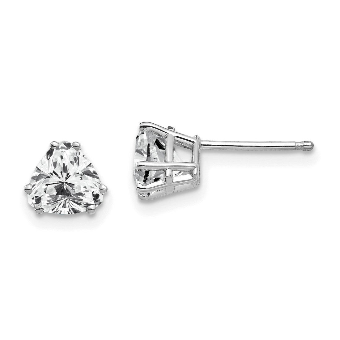 14k White Gold Stud Earrings with Trillion Cut Cubic Zirconia in Three Prong Setting