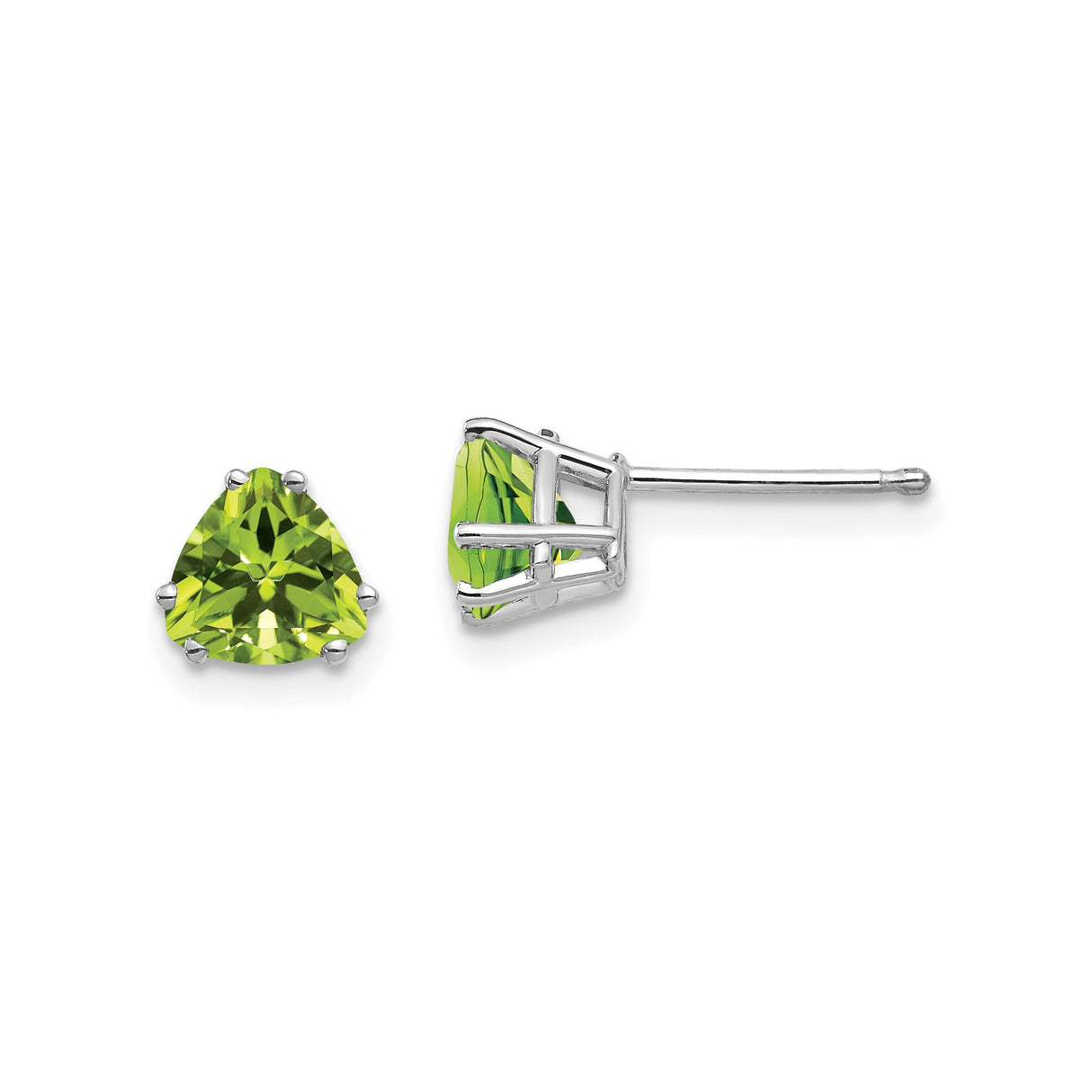 14k White Gold Trilliant Cut Peridot Stud Earrings, Minimalist Modern Design for Women