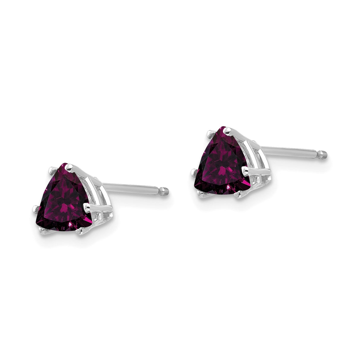 14k White Gold Stud Earrings with Trillion Cut Rhodolite Garnet, Geometric Triangle Design