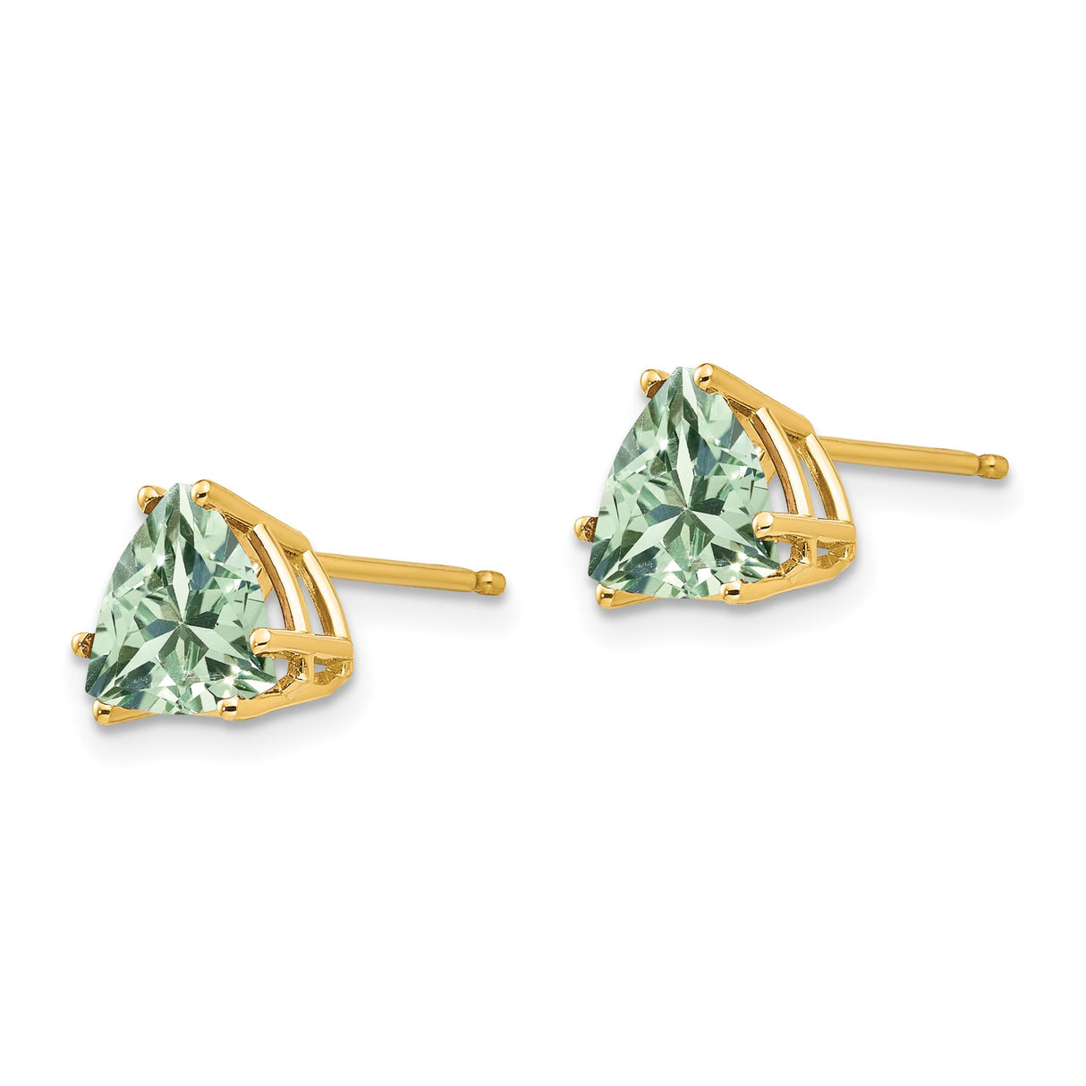 14k Yellow Gold Stud Earrings with Trillion Cut Green Quartz, Minimalist Modern Style for Women