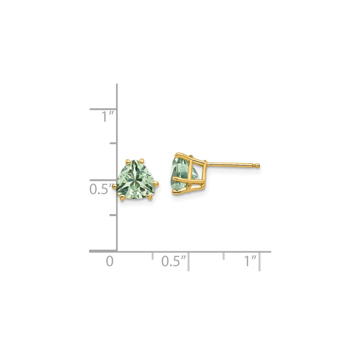 14k Yellow Gold Stud Earrings with Trillion Cut Green Quartz, Minimalist Modern Style for Women