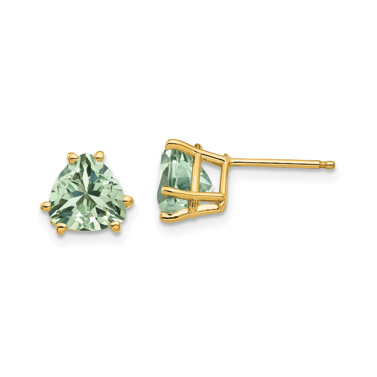 14k Yellow Gold Stud Earrings with Trillion Cut Green Quartz, Minimalist Modern Style for Women